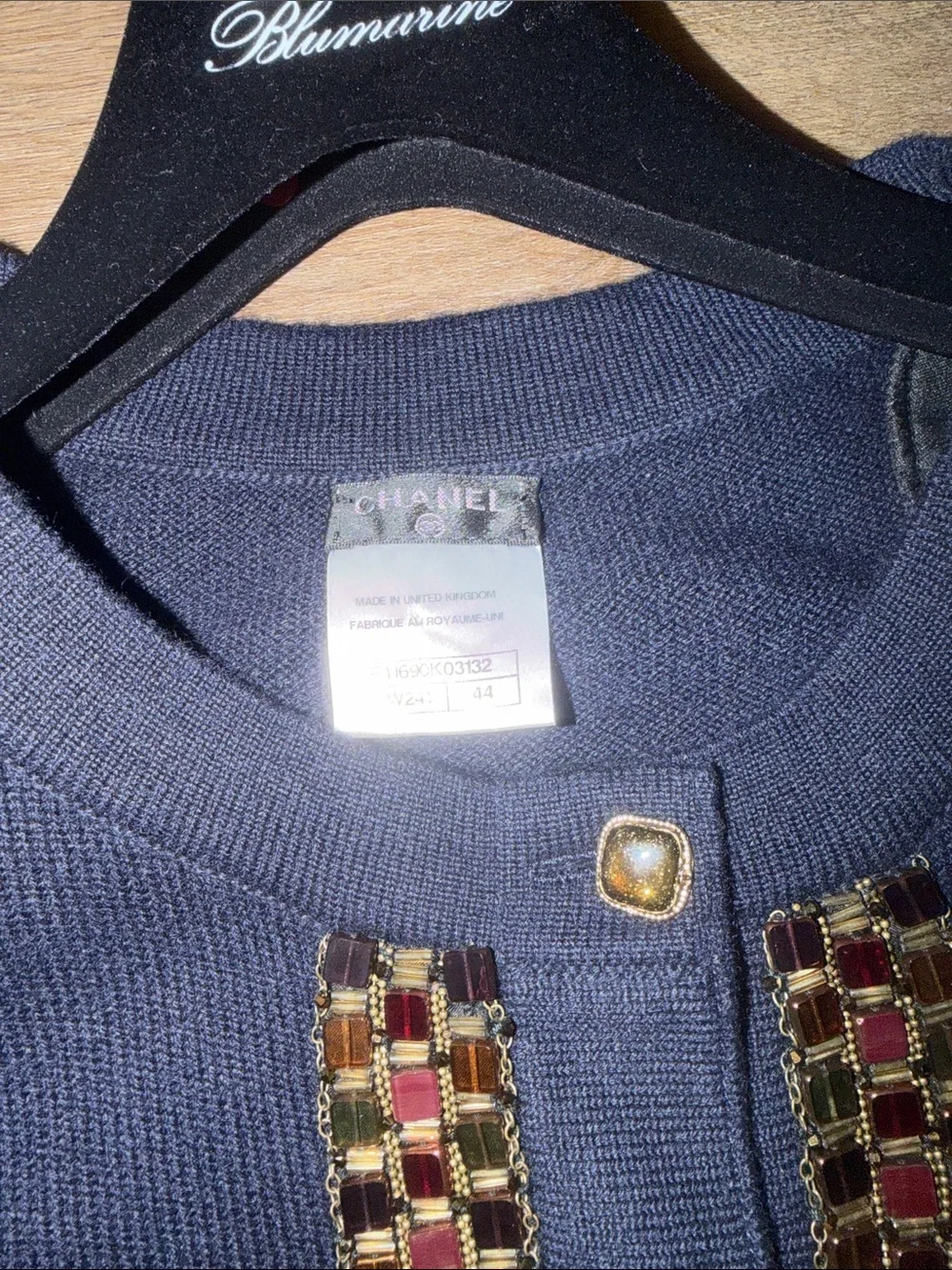 CHANEL Navy Knit Jacket with Gold Beaded Trim